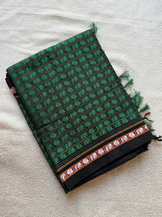 Green Hati Mor Saree with Black Border