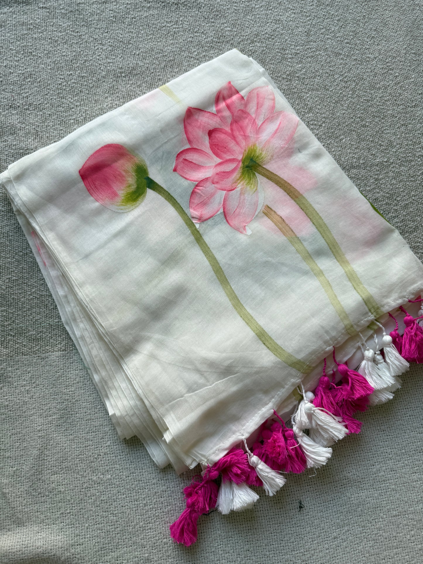 Lotus Handpainted White Mul Cotton Saree