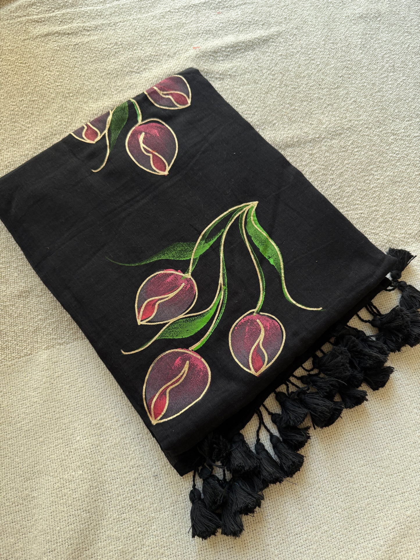 Handpainted Tulip Black Mul Cotton Saree