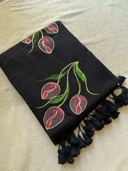 Handpainted Tulip Black Mul Cotton Saree
