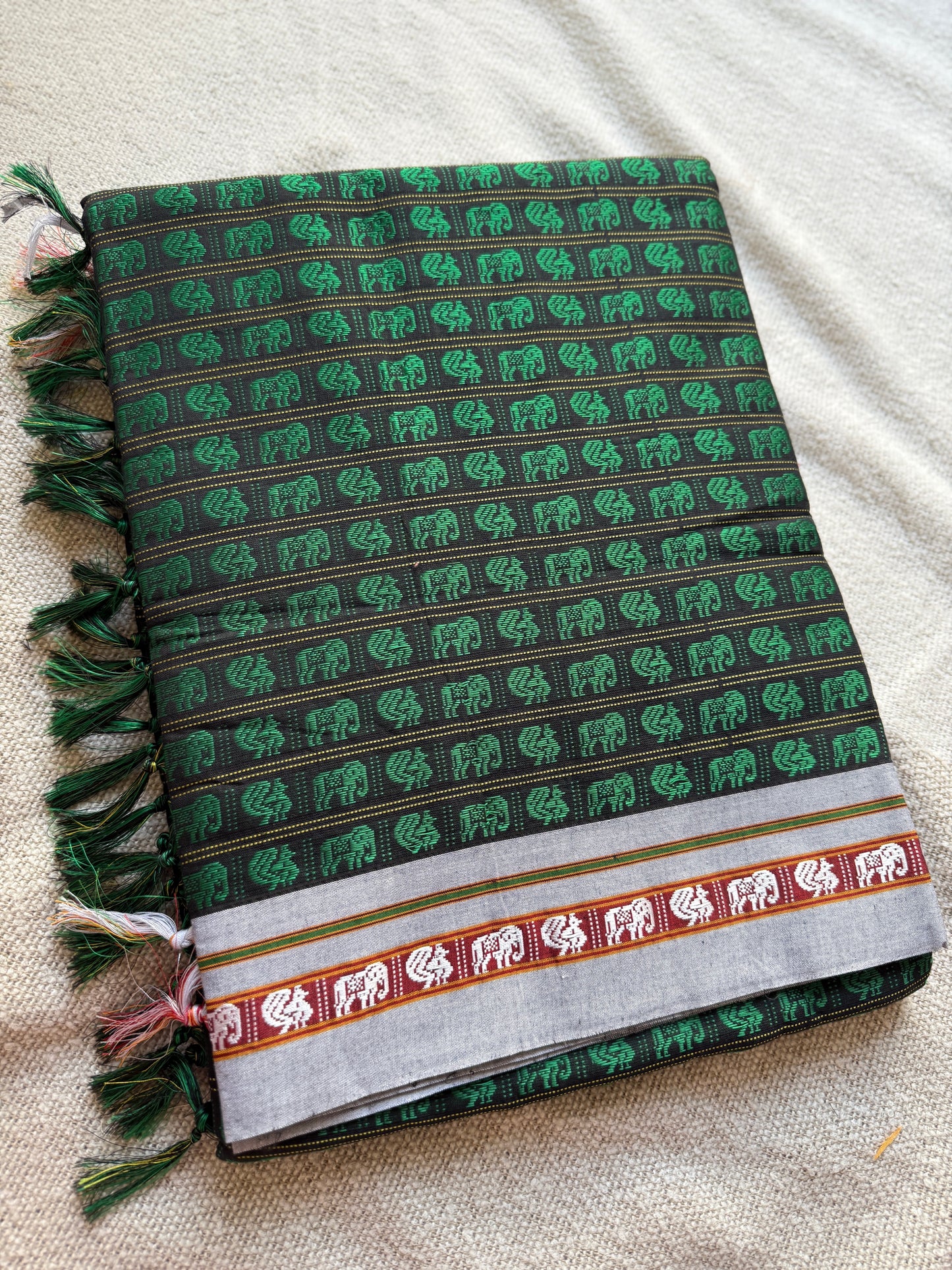 Hati More Green with Grey Border Khunn Saree