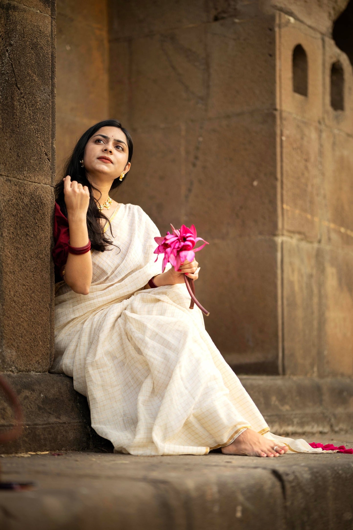Off White Golden Checkered Saree