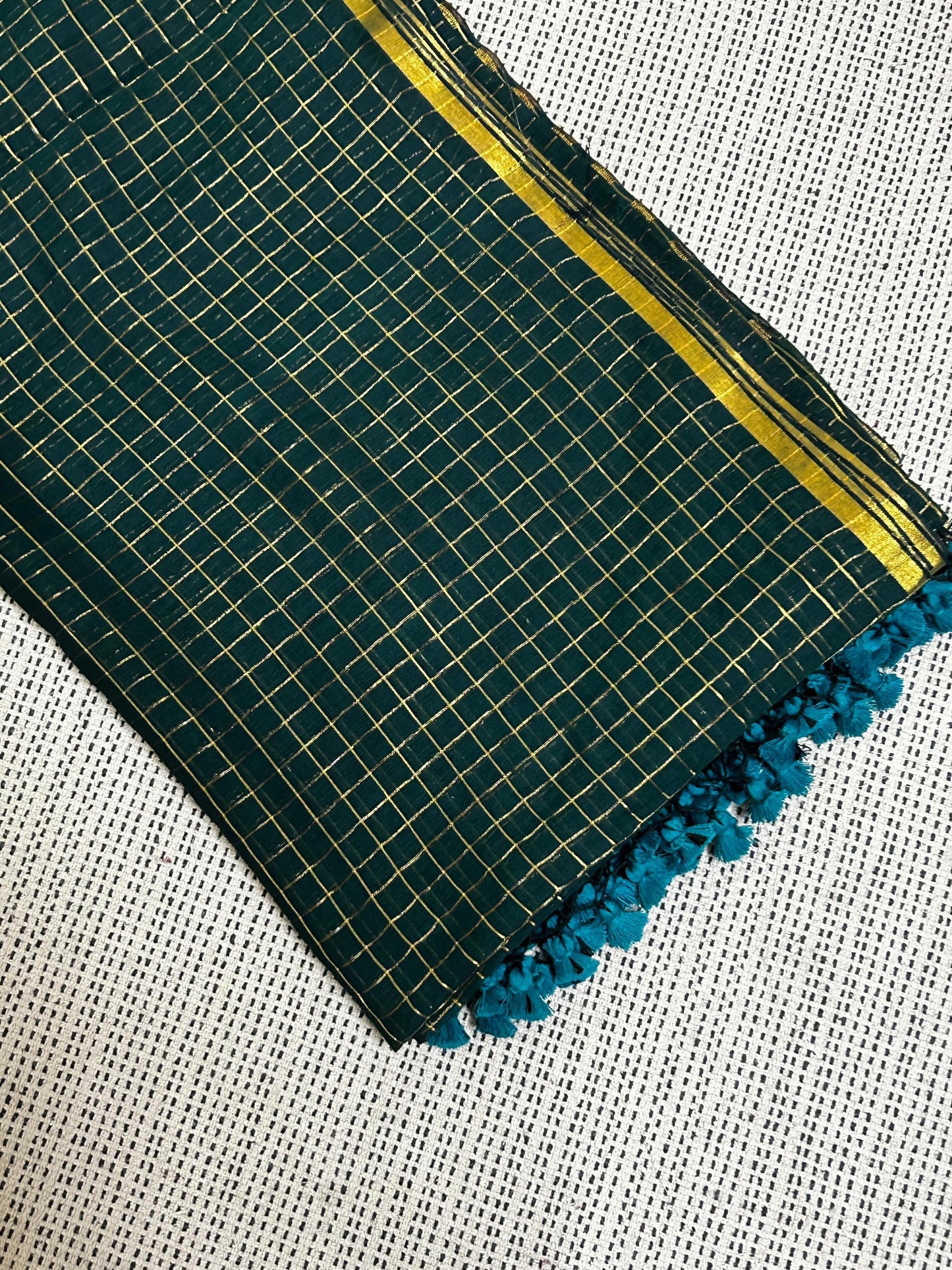 Bottle Green Golden Zari Checkered Sareee