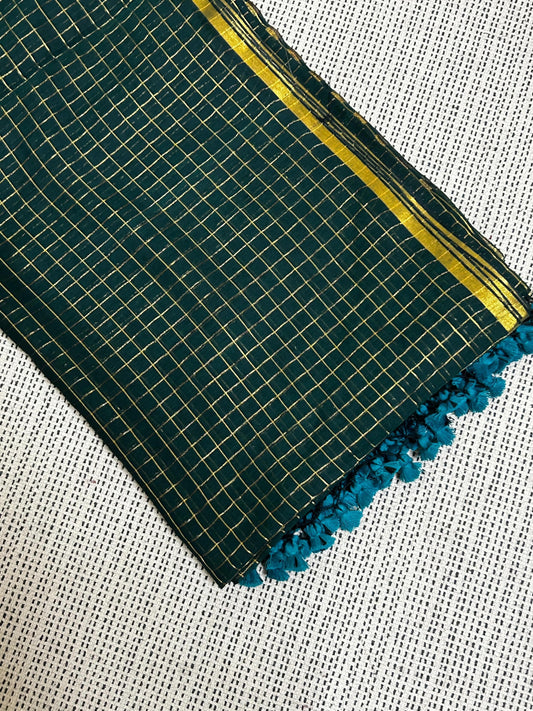 Bottle Green Golden Zari Checkered Sareee
