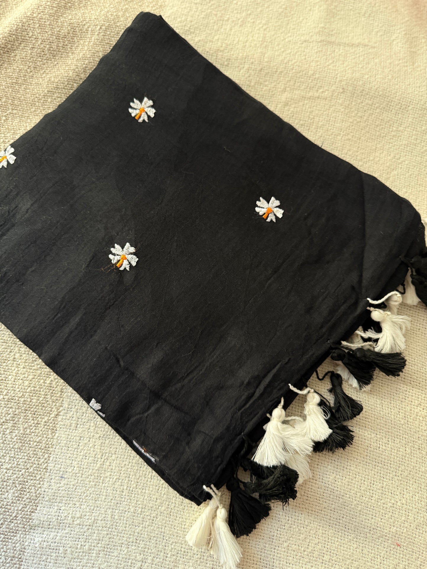 Parijaat Embroidered Black Mul Cotton Saree