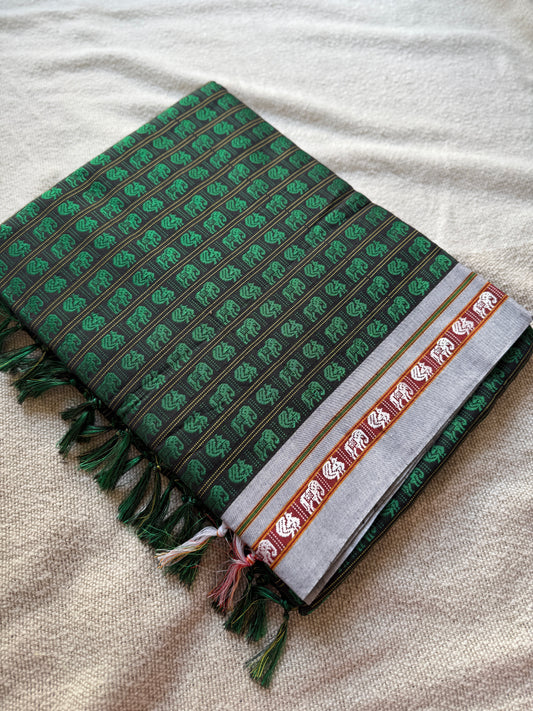 Hati More Green with Grey Border Khunn Saree