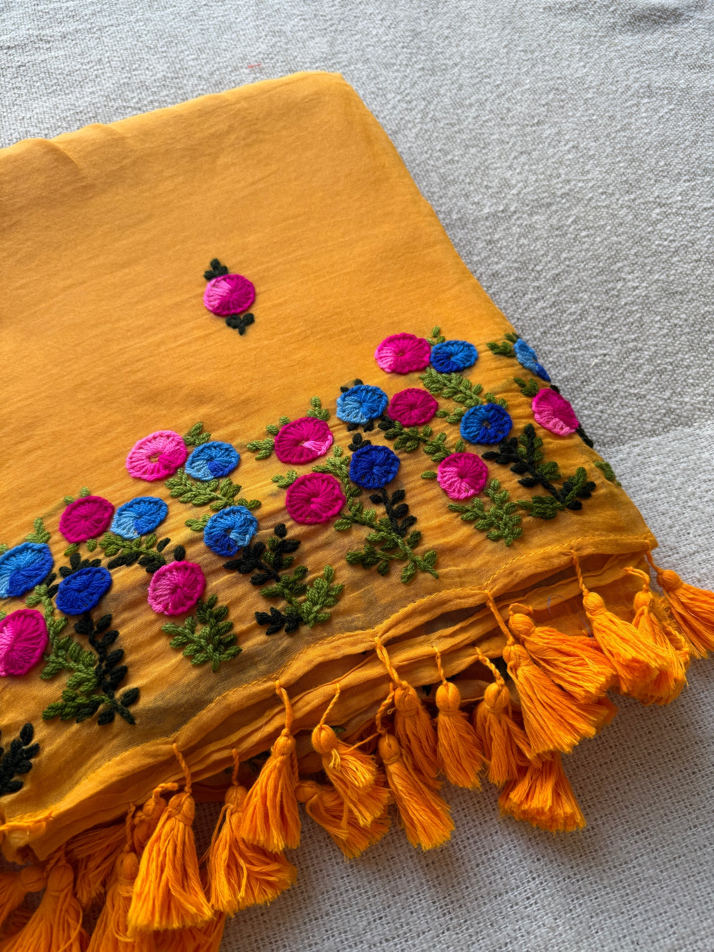 Woolen Embroidered Yellow Saree