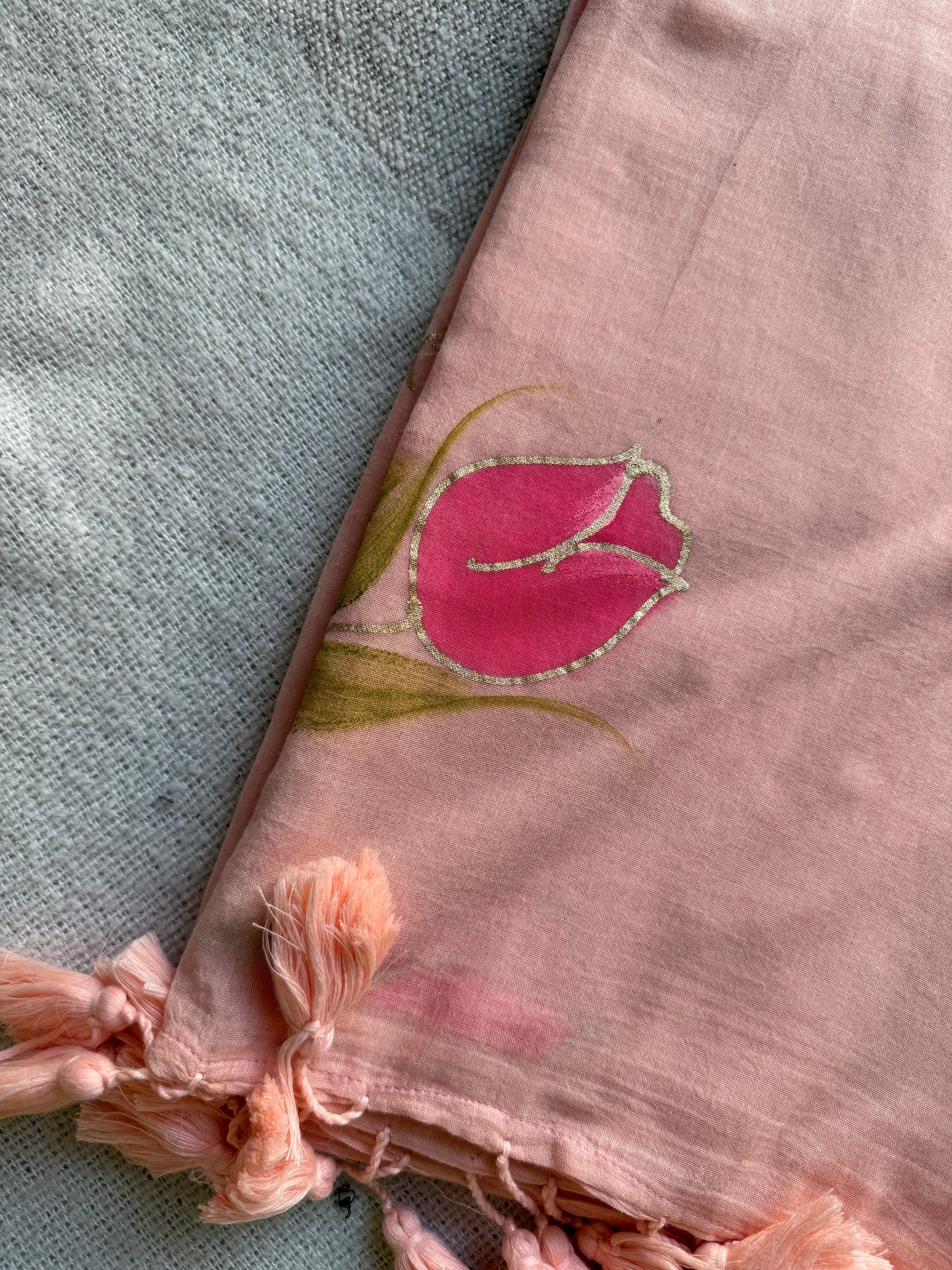 Rose Handpained Peach Mul Cotton Saree