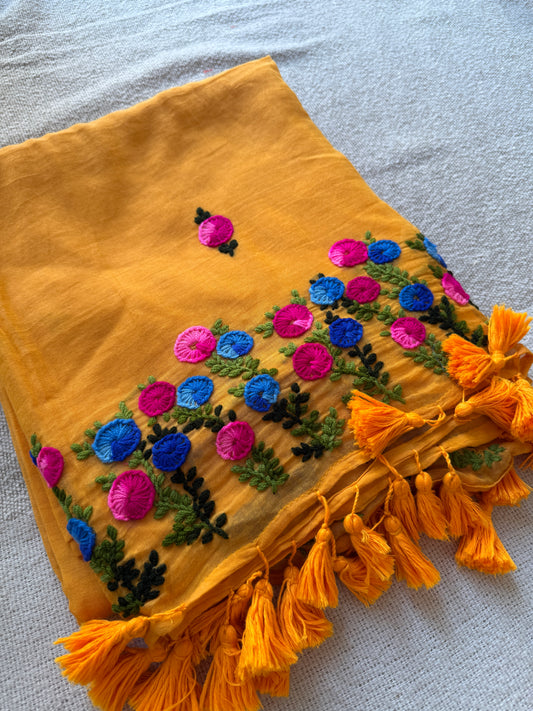 Woolen Embroidered Yellow Saree