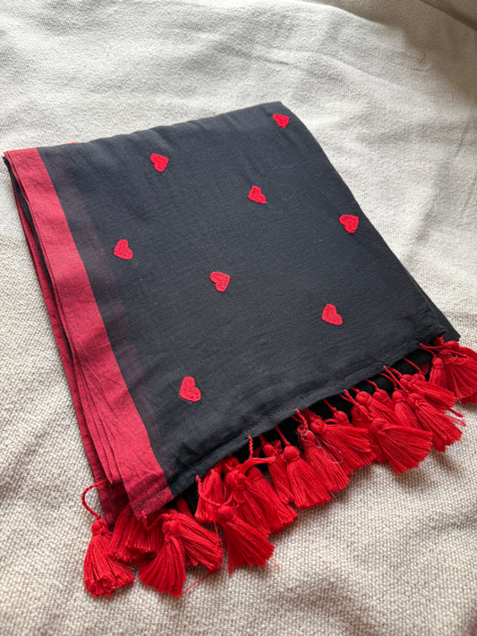 Red Heart Black Mul Cotton Saree