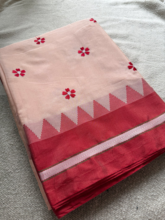 Peach with Red Border Sadafuli Irkal Saree