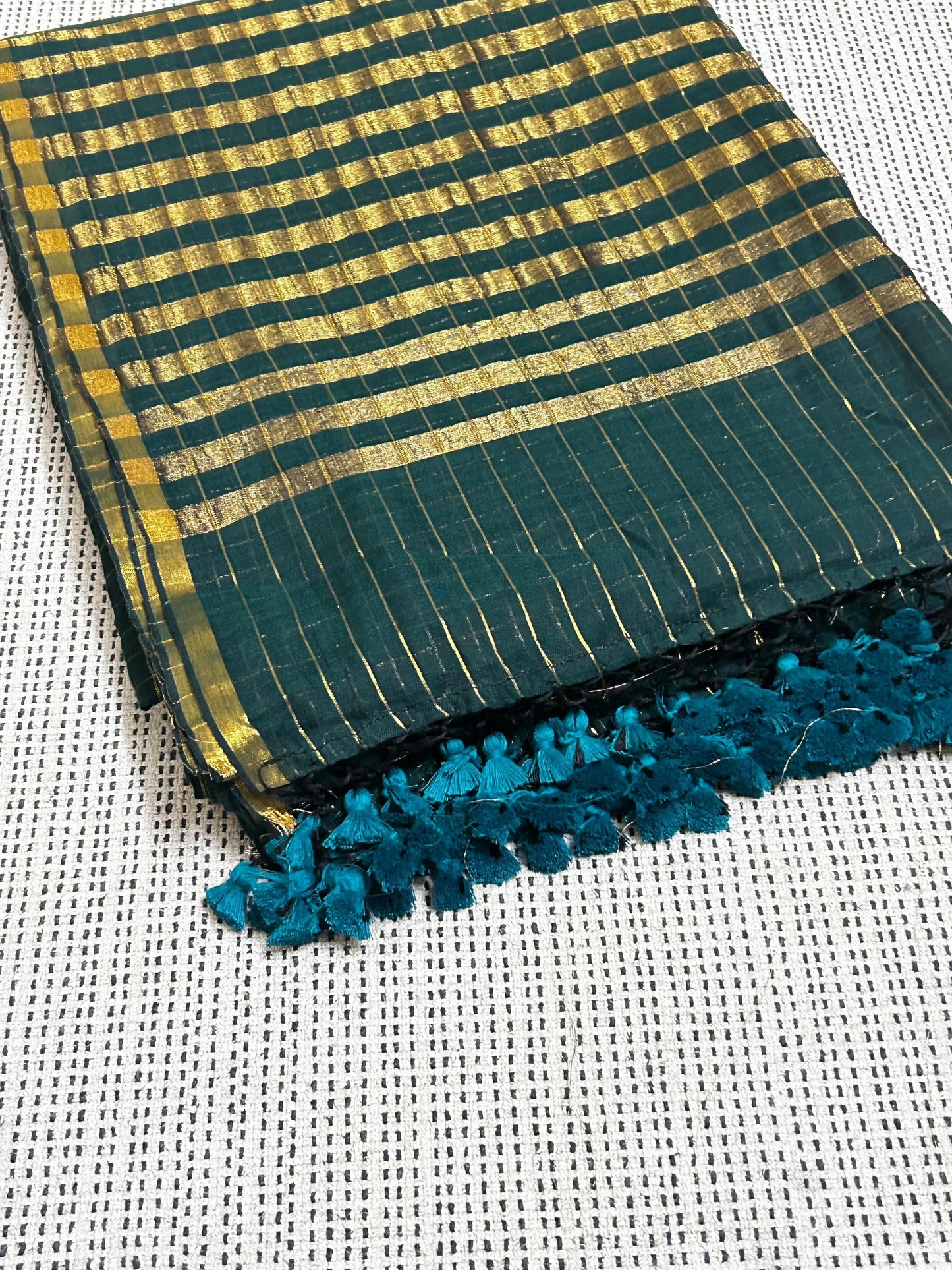 Bottle Green Golden Zari Checkered Sareee