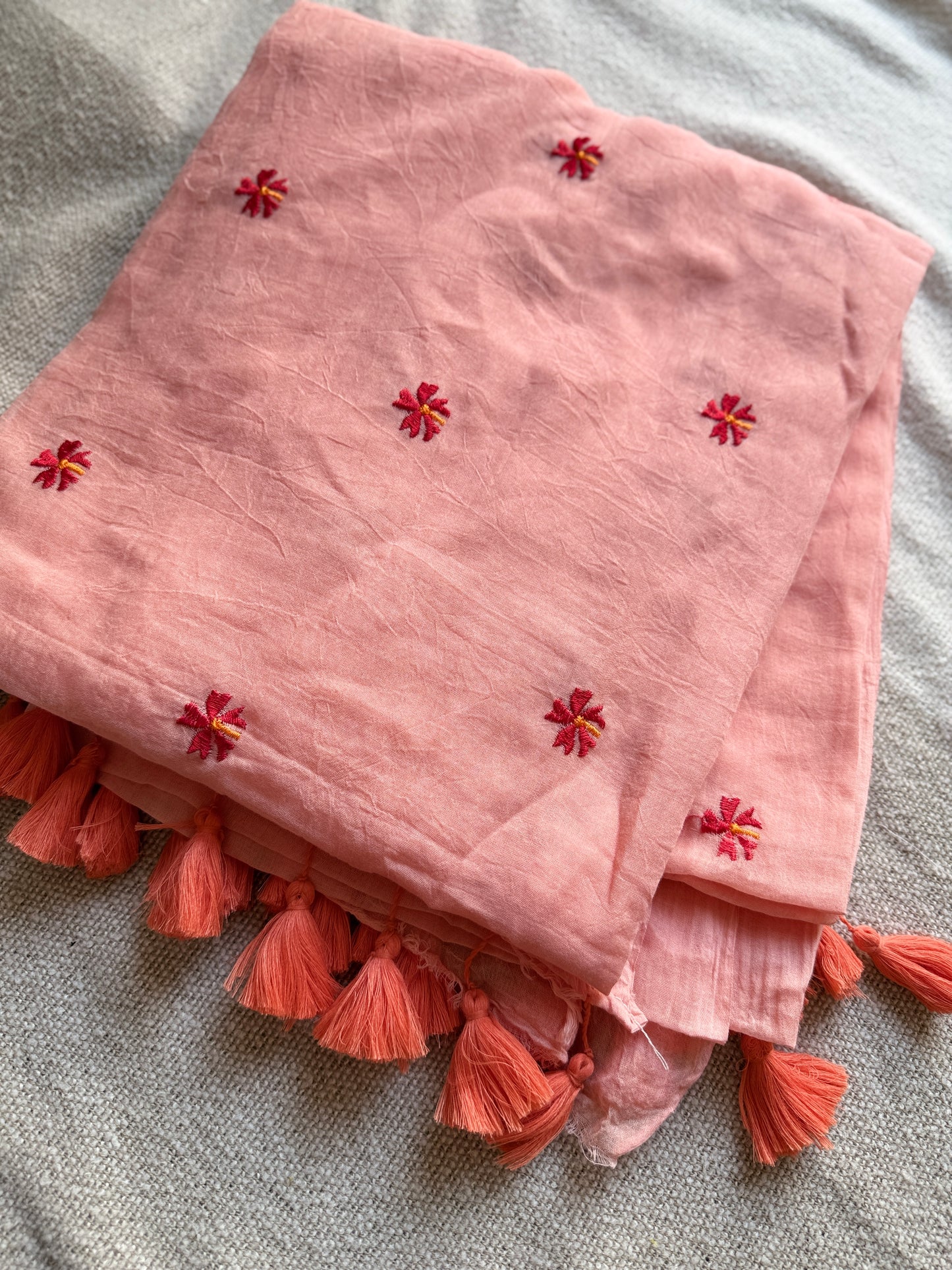 Peach Mul Cotton Contrast Parijaat Embroidered Saree