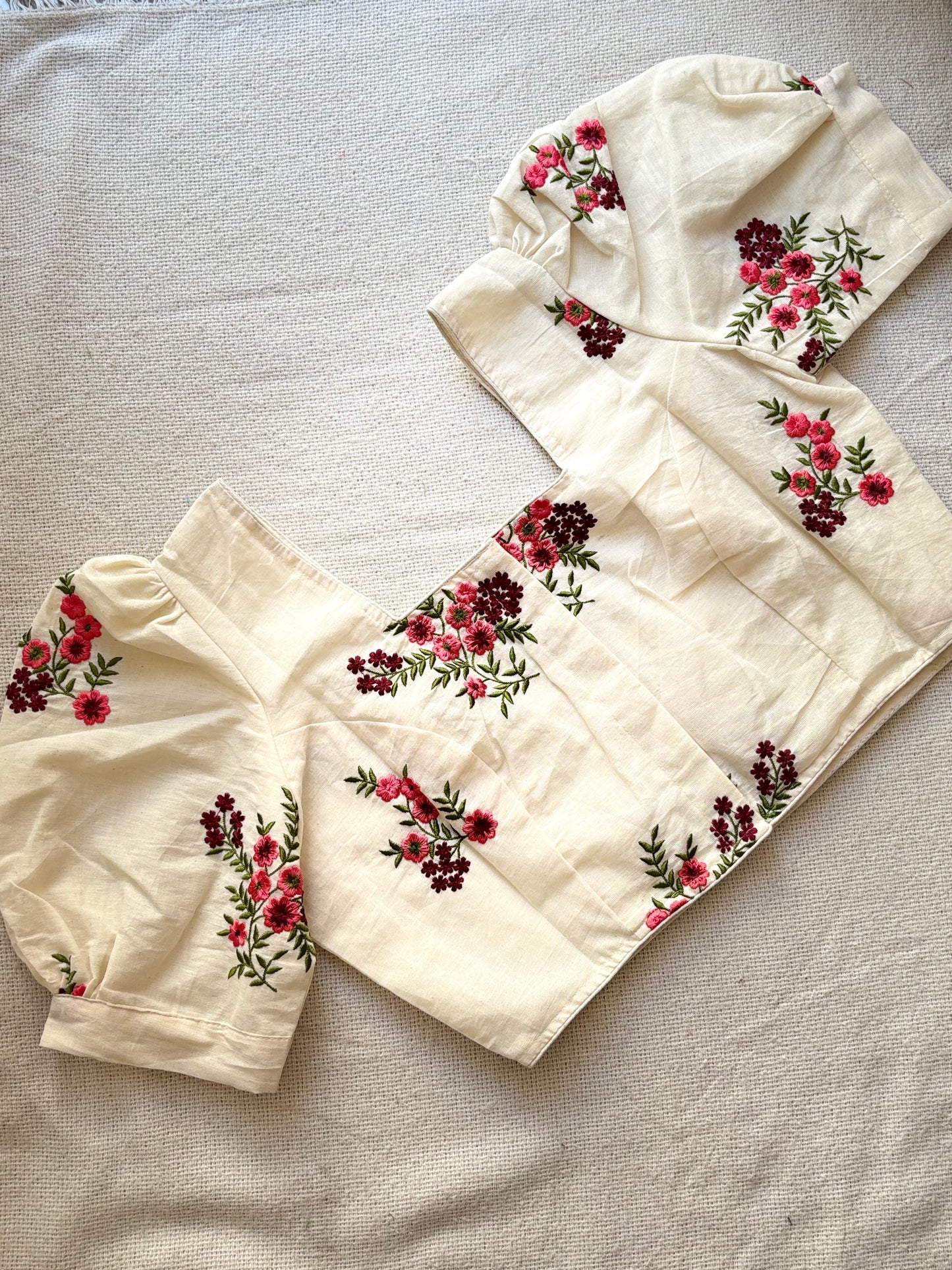 Puff Sleeves Off White Blouse with Floral Embroidery 🌸