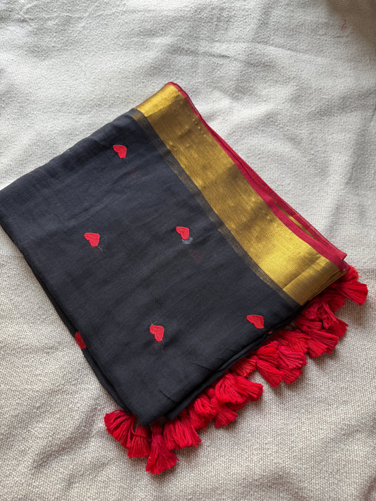 Red Heart Embroidered Black Zari Bordered Saree