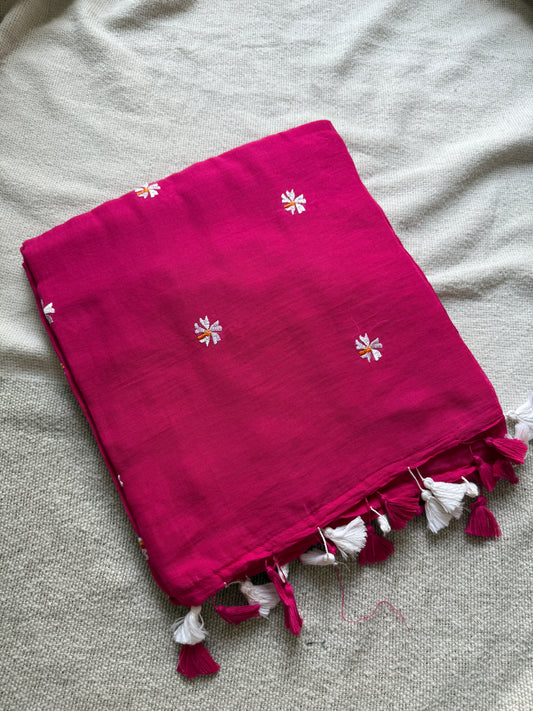 Pink Parijaat Embroidered Mul Cotton Saree