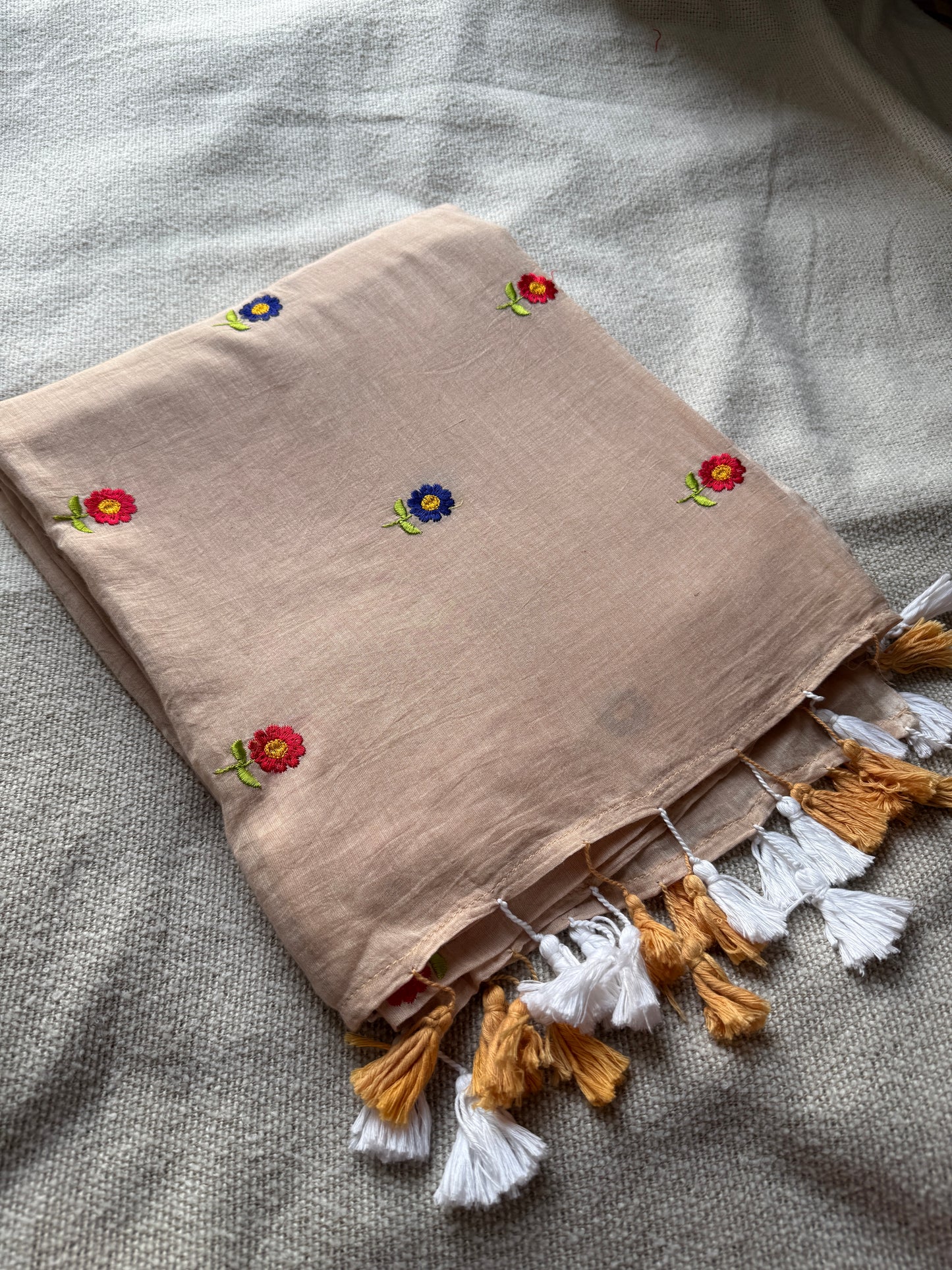 Floral Embroidered Cream Mul Cotton Saree