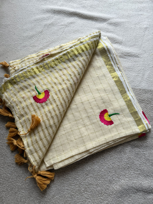 Flower Embroidered Golden Checkered Mul Cotton Saree