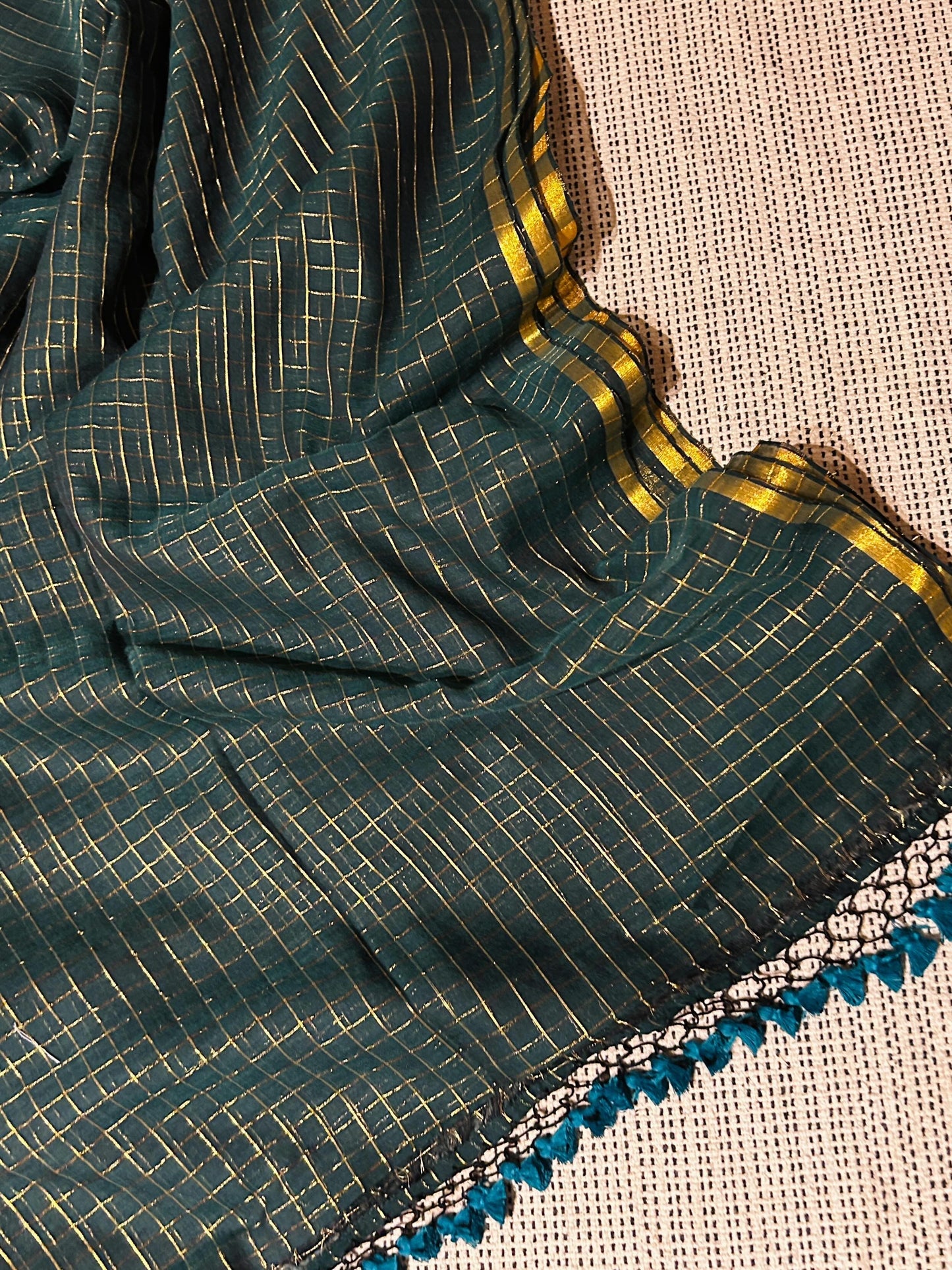 Bottle Green Golden Zari Checkered Sareee