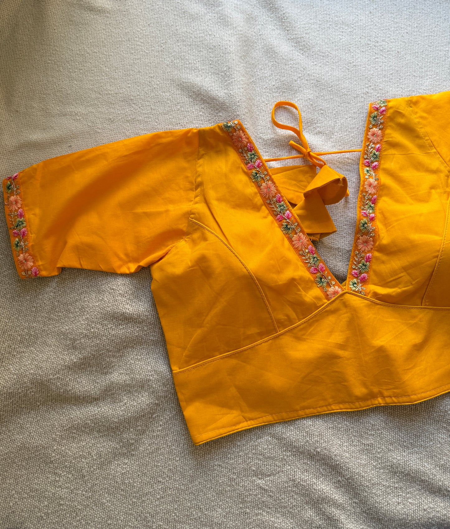 Yellow Deep V Neck Lace Blouse