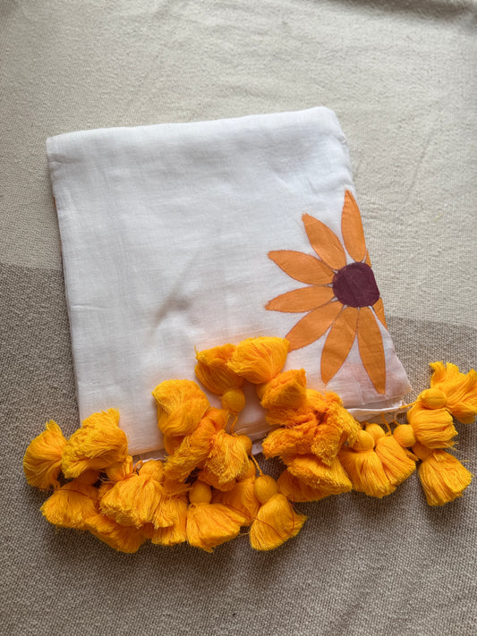 Handipainted Sunflower White Mul Cotton Saree