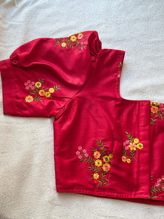 Puff Sleeves Red Blouse with Floral Embroidery 🌸