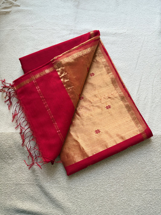 Small Border Zari Pallu Red Maheshwari Saree