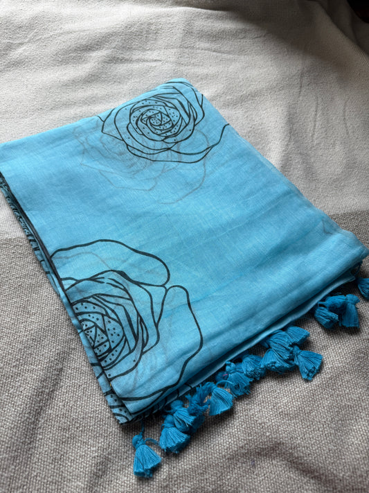 Rose Printed Sky Blue Mul Cotton Saree