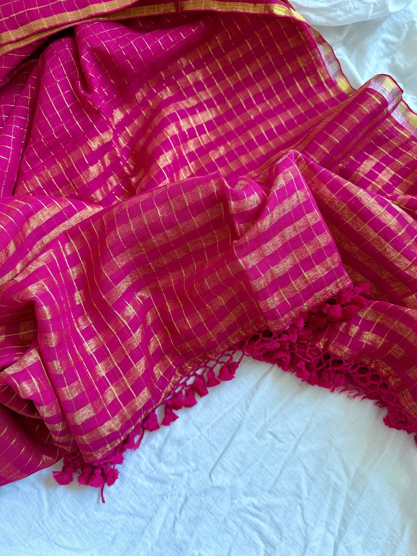 Rani Pink Zari Checkered Saree