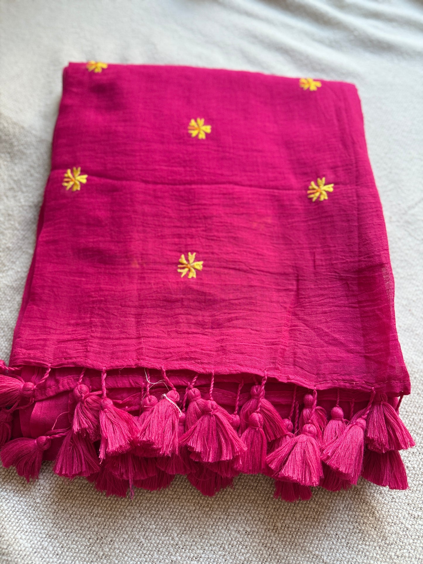 Pink Mul Cotton Contrast Parijaat Embroidered Saree