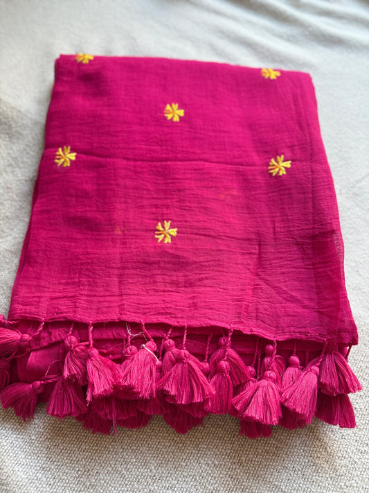 Pink Mul Cotton Contrast Parijaat Embroidered Saree