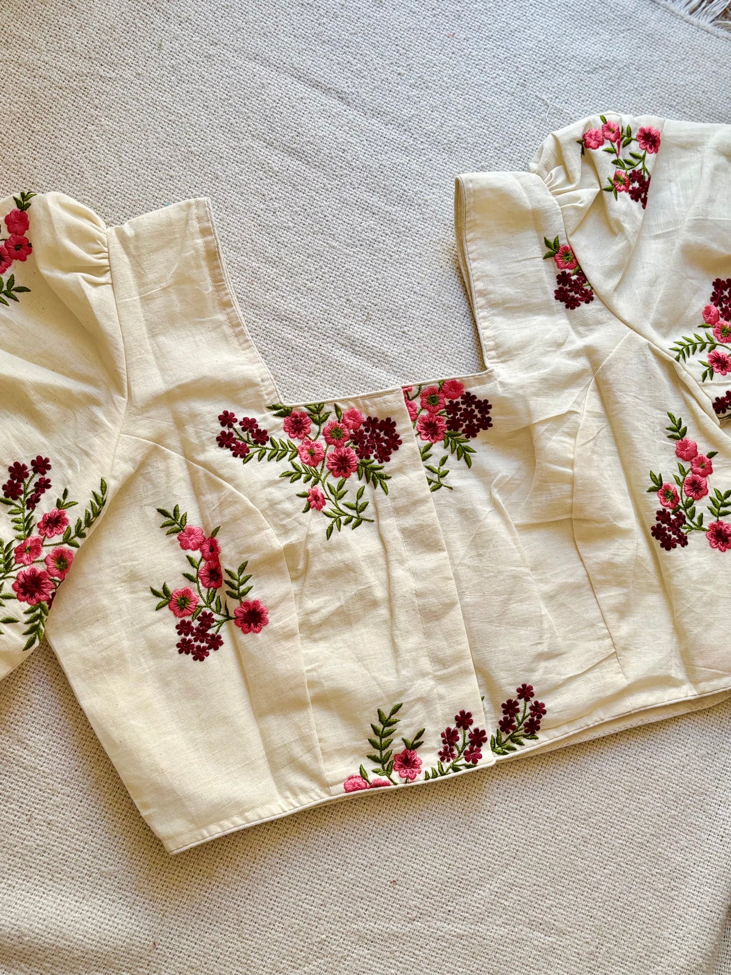 Puff Sleeves Off White Blouse with Floral Embroidery 🌸
