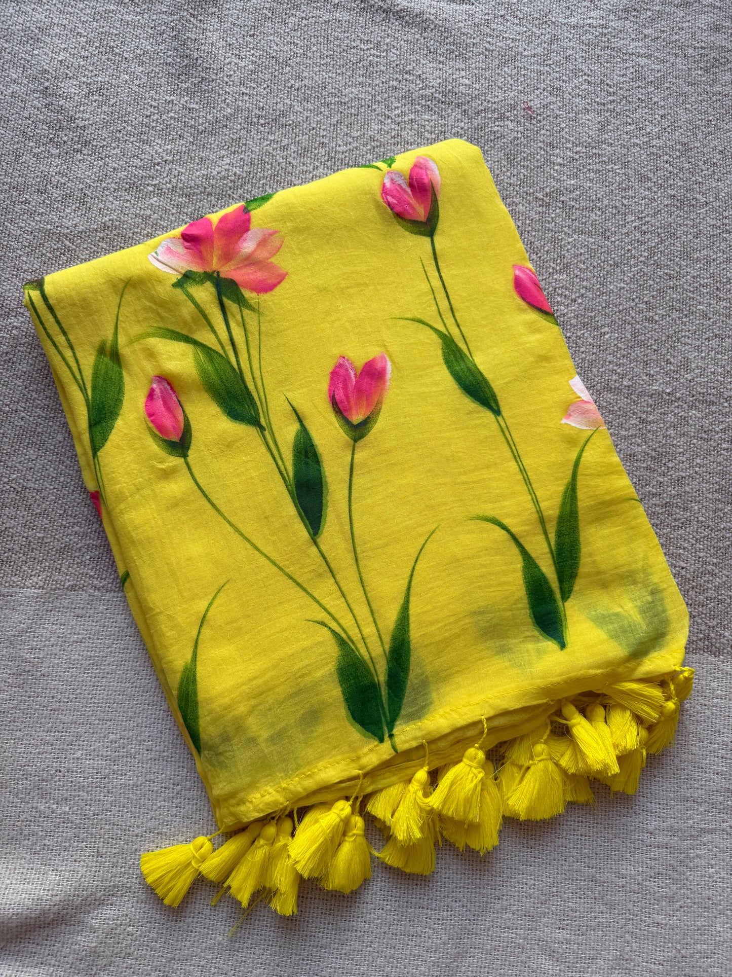 Yellow Handpainted Mul Cotton Saree