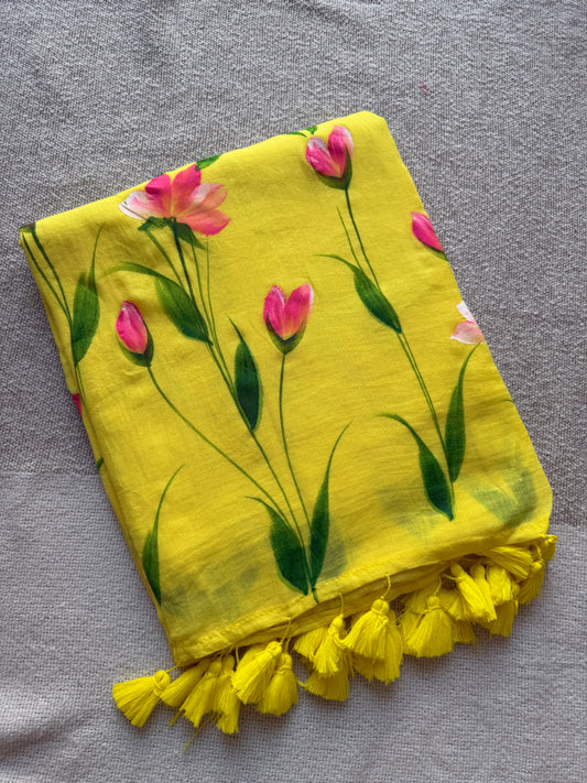 Yellow Handpainted Mul Cotton Saree