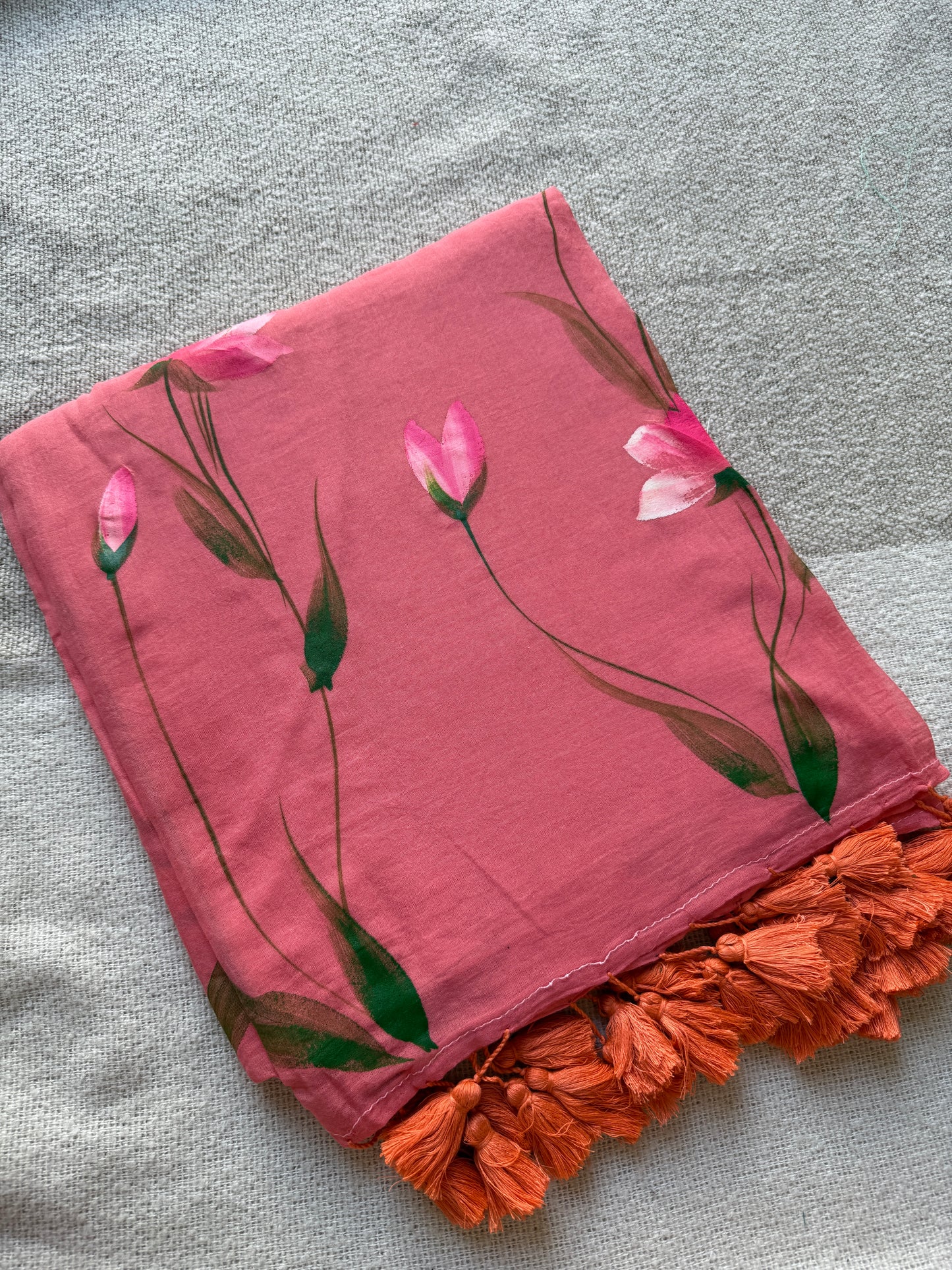 Peach Floral Handpainted Mul Cotton Saree