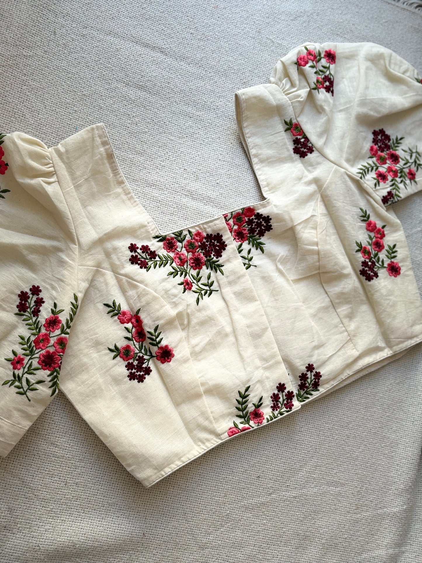 Puff Sleeves Off White Blouse with Floral Embroidery 🌸