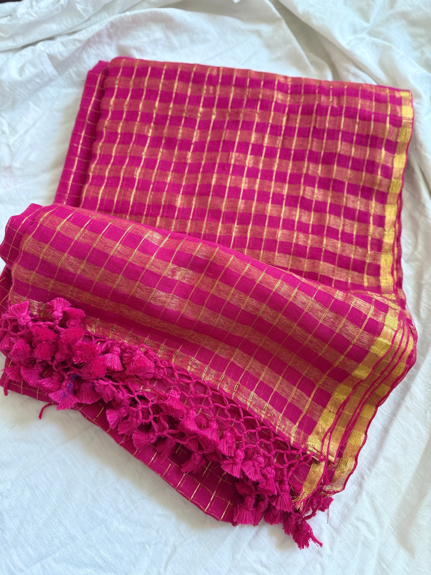 Rani Pink Zari Checkered Saree
