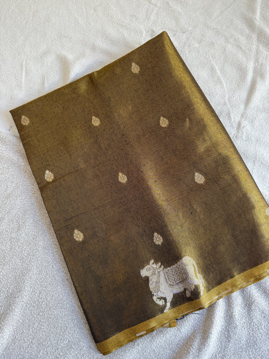Copper Linen Tissue Cow Motif Saree