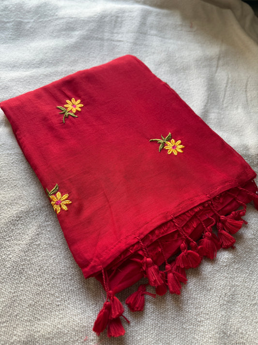 Daisy Embroidery Red Mul Cotton Saree