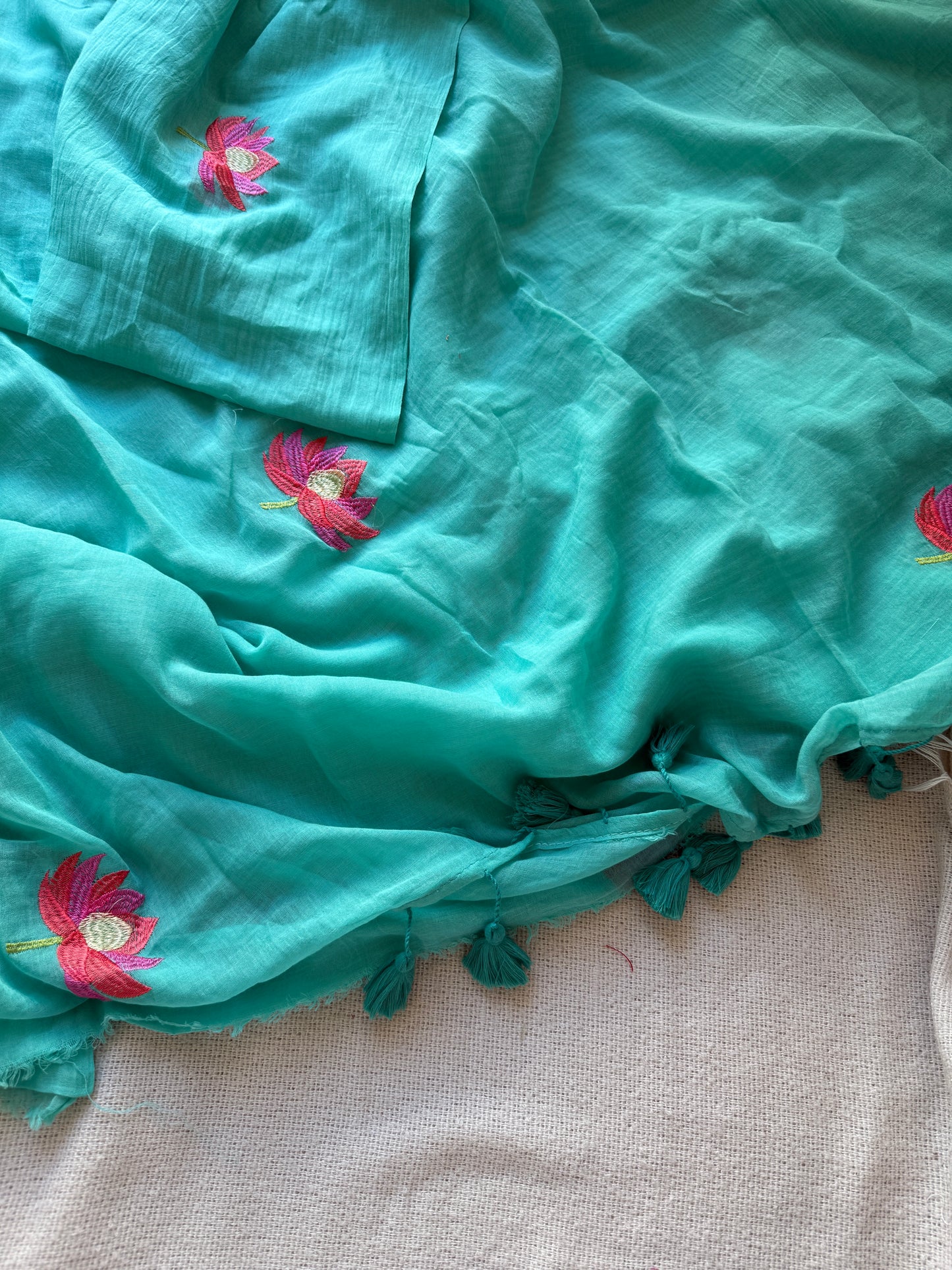 Lotus Embroidery Mul Cotton Saree