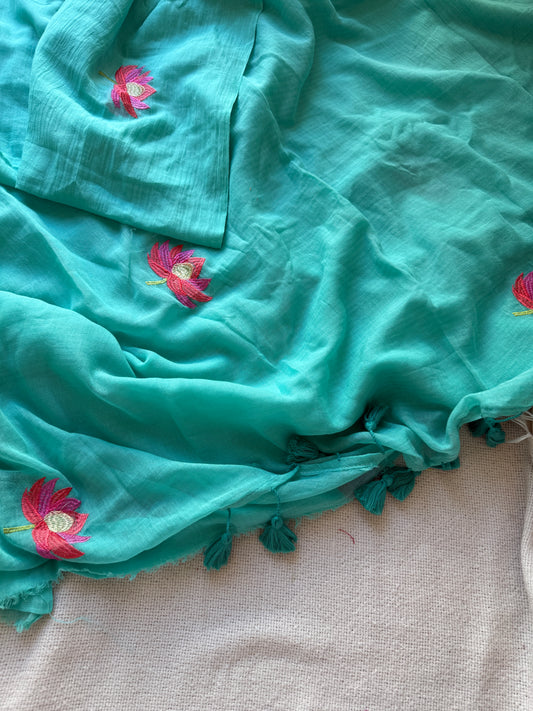 Lotus Embroidery Mul Cotton Saree