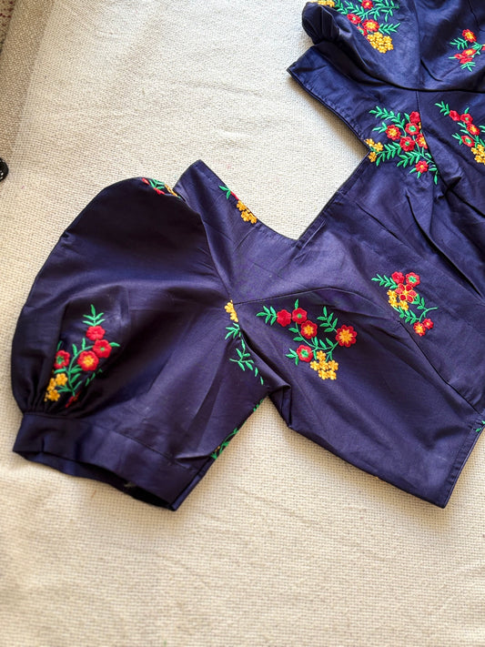 Puff Sleeves Blue Blouse with Floral Embroidery 🌸