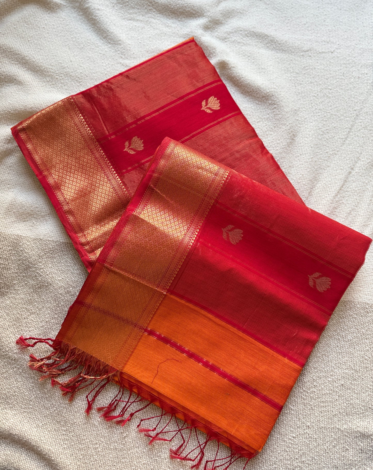 Orange Lotuf Motif Maheshwari Saree