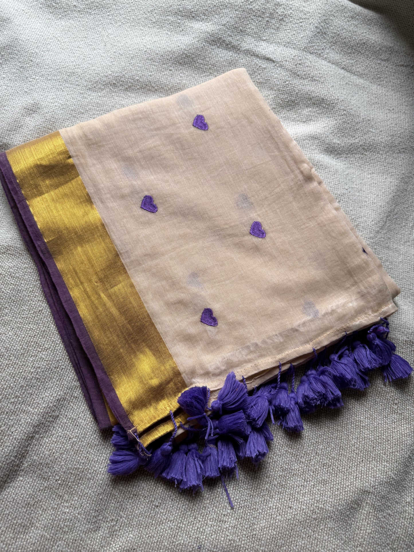 Purple Heart Embroidered Beige Zari Border Mul Cotton Saree