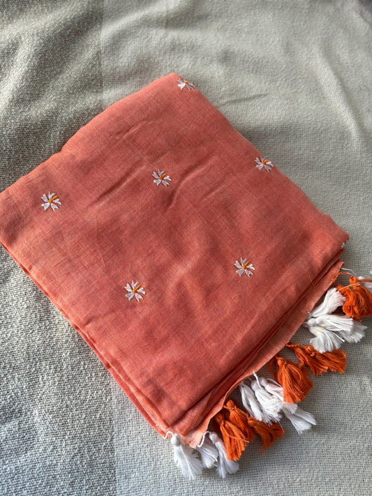 Parijaat Embroidered Peach Mul Cotton Saree
