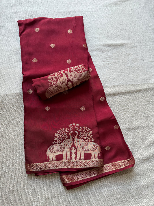 Maroon Crepe Silk Hati Border Saree