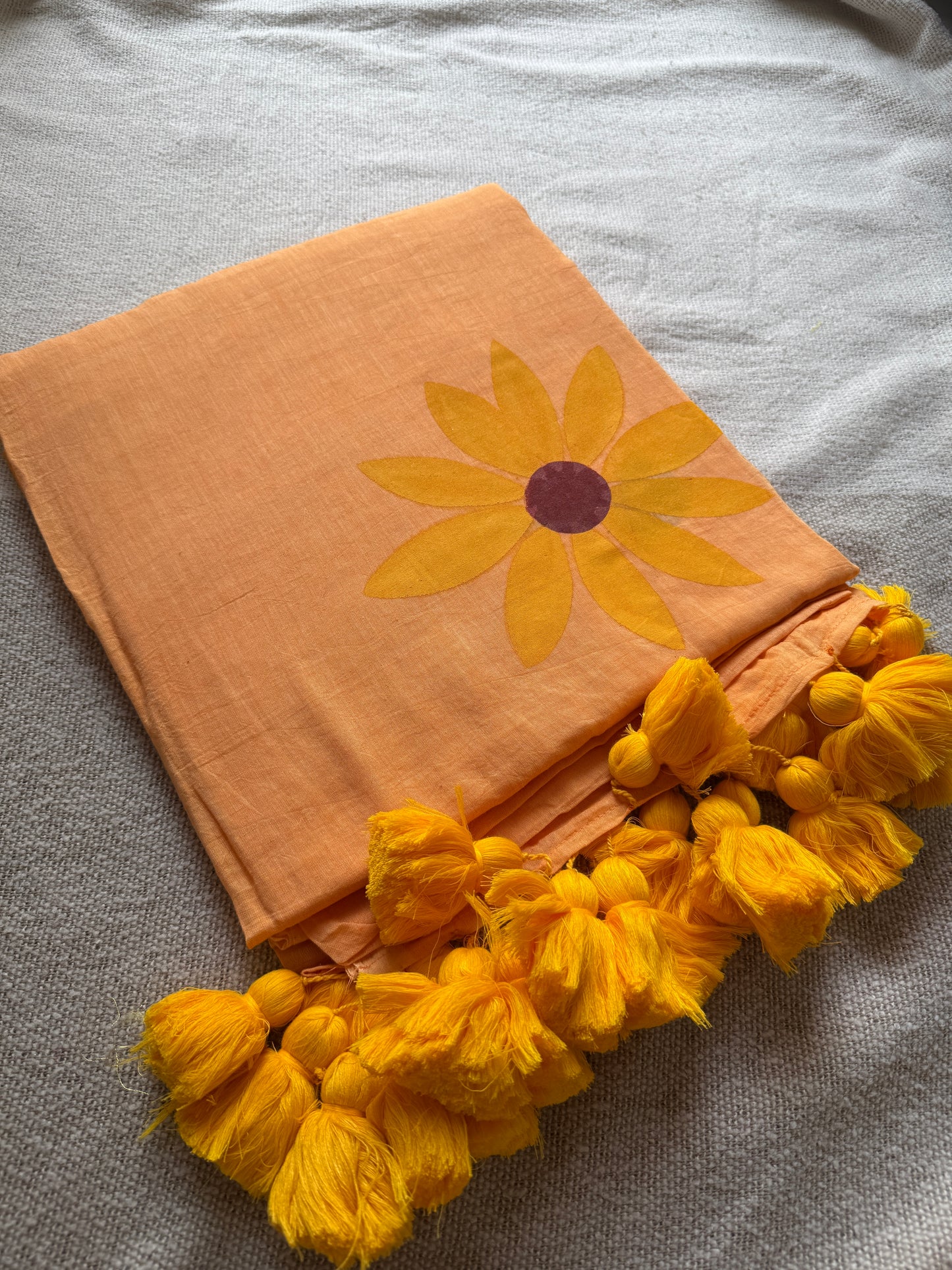 Handpainted Sunflower Peach / Orange Mul Cotton Saree