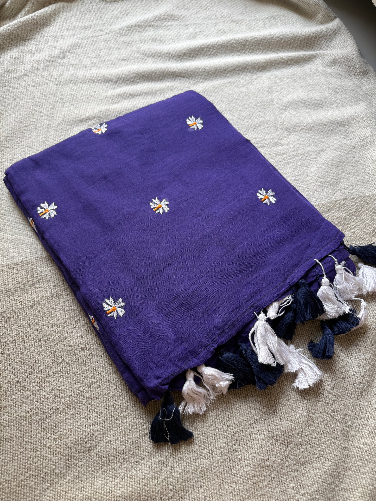 Blue Parijaat Embroidered Mul Cotton Saree