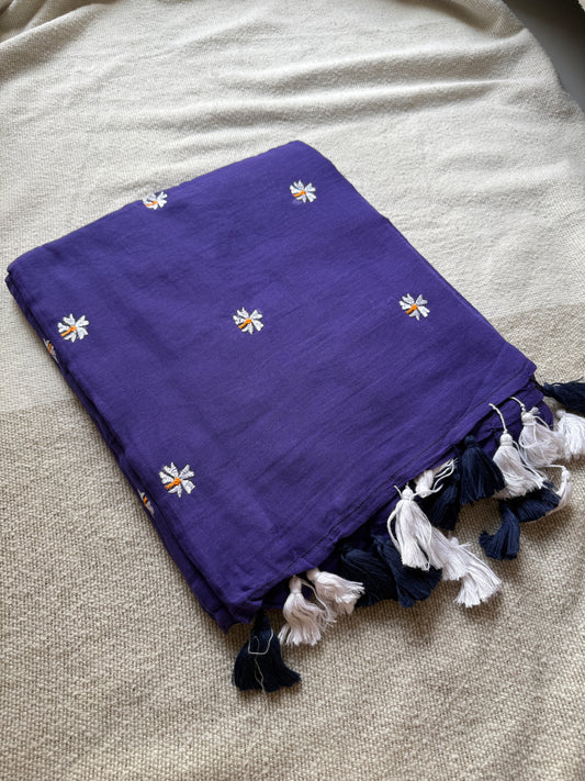 Blue Parijaat Embroidered Mul Cotton Saree