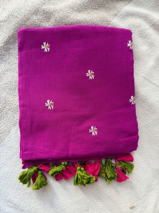 Parijaat Embroidered Magenta Mul Cotton Saree